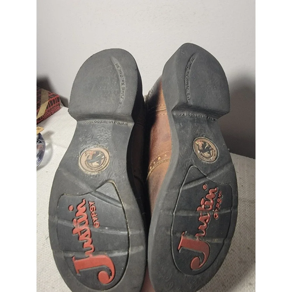 Justin Gypsy Boots Womens 9 B Brown Cream Leather Western Cowgirl Embroidered